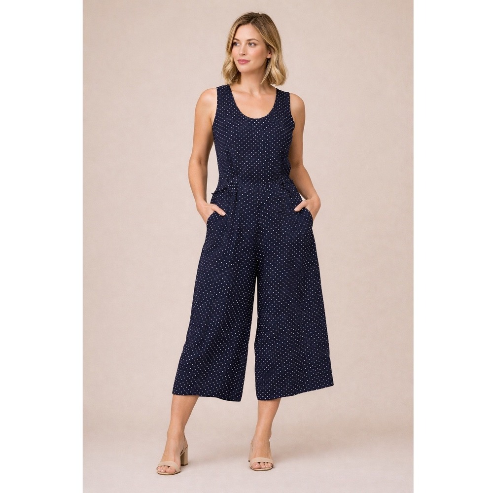 Vintage 90s Adrienne Vittadini Navy Polka Dot Cropped Culotte Jumpsuit Large‎